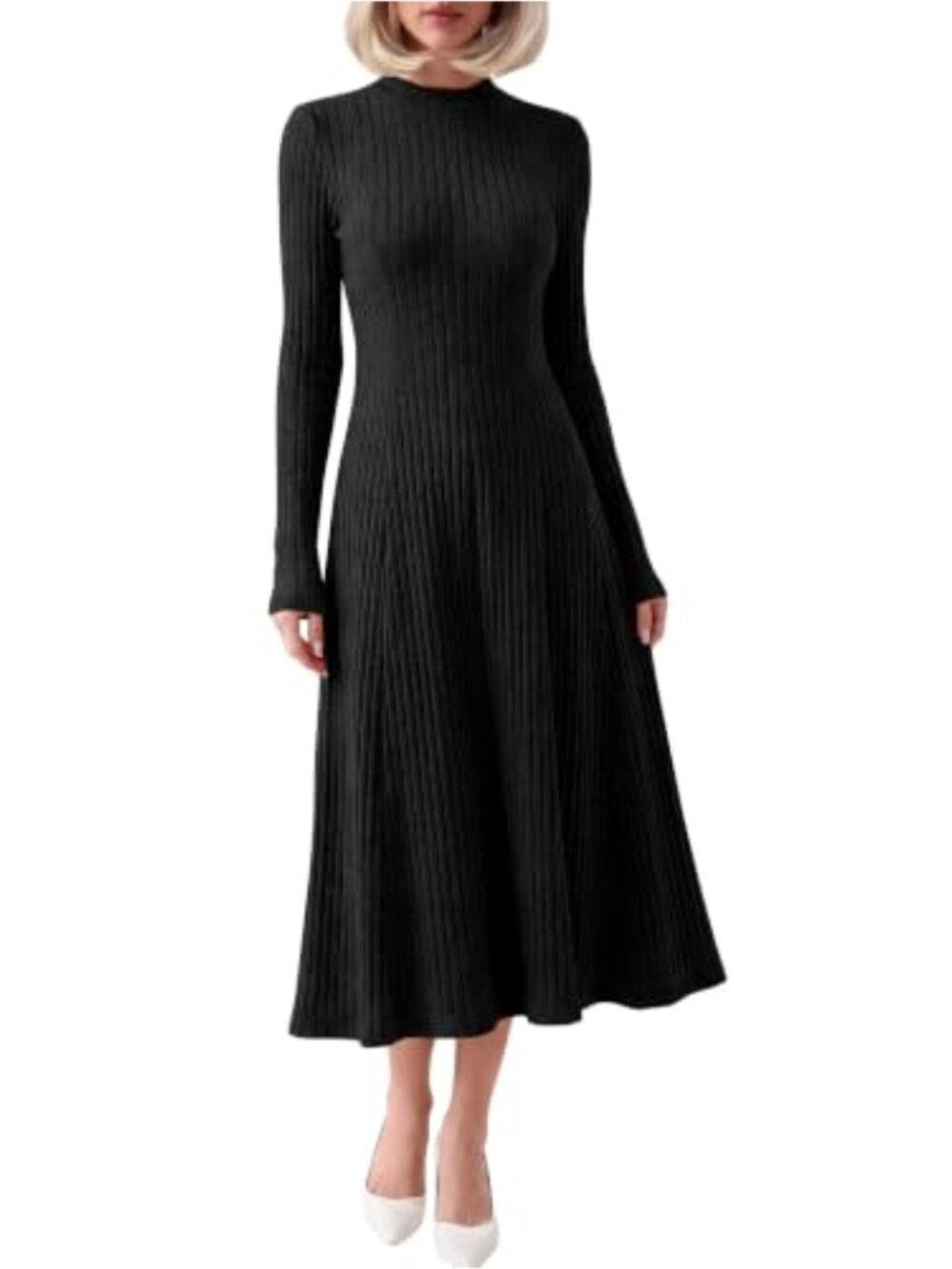 Ribbed Knit Long Sleeve Midi Dress Mock Neck Pull-On A-Line